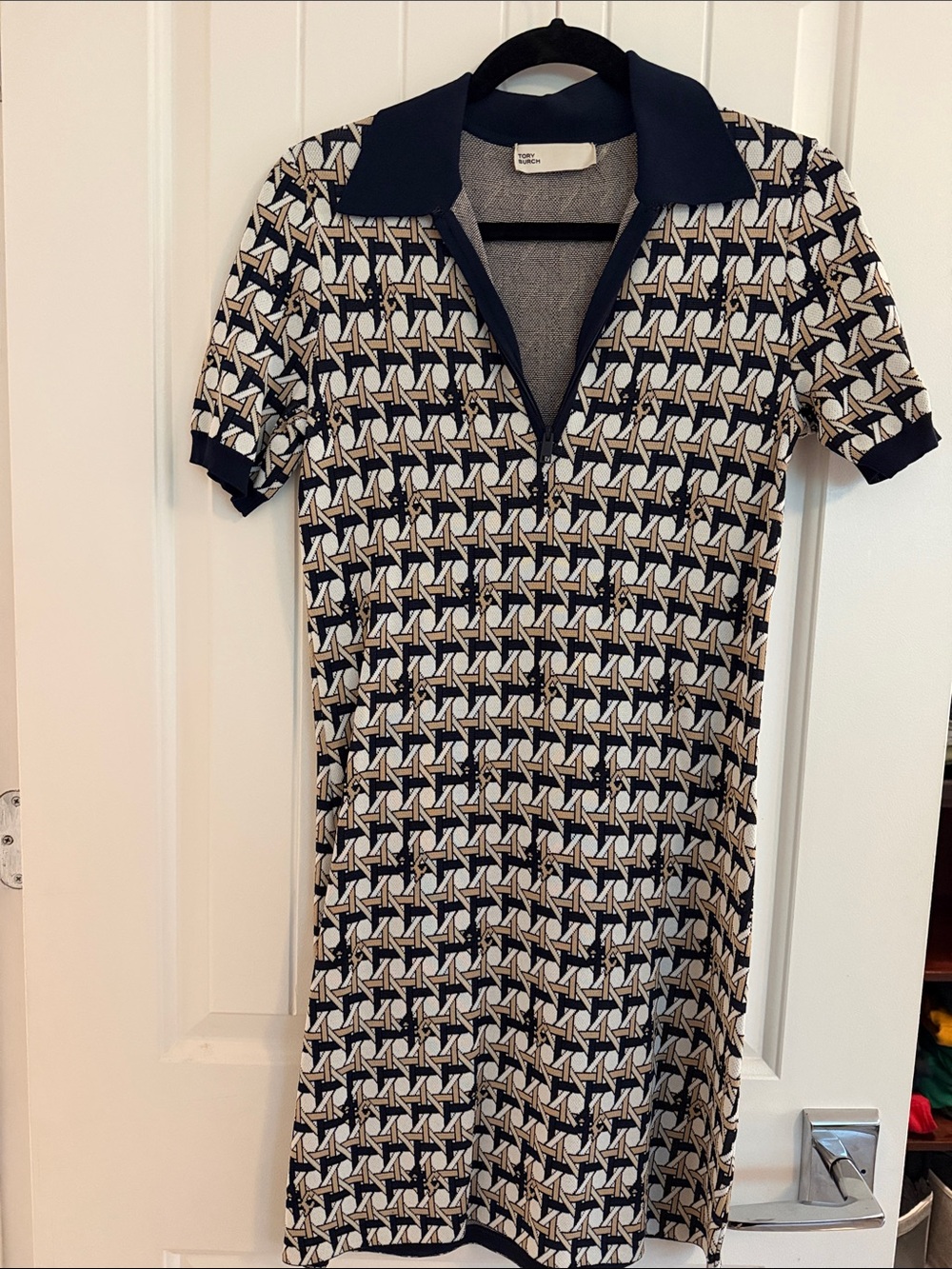 Tory Burch Navy and Cream Geometric Knit Polo Dress